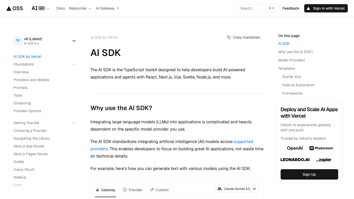 Vercel AI SDK 官网截图